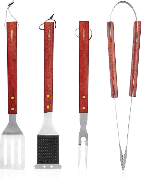 Tower 4 Piece Maple Wood & Stainless Steel BBQ Tool Set