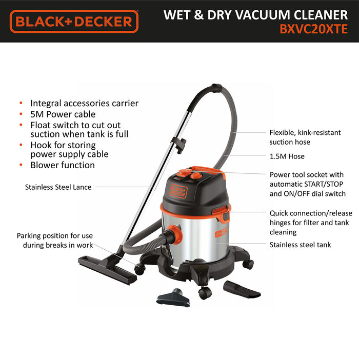 Black & Decker 20L 1.4KW Wet Dry Vacuum 18KPA Stainless Steel