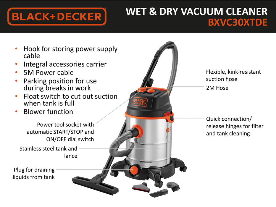 Black & Decker 30L 1.6KW Wet Dry Vacuum 19KPA Stainless Steel