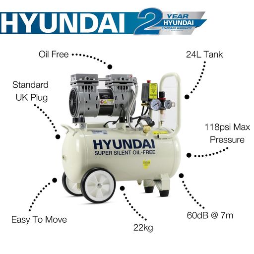 Hyundai 24 Litre Air Compressor, 5.2CFM/118psi, Silenced, Oil Free, Direct Drive 1hp | HY7524