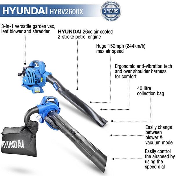 Hyundai 26cc 2-Stroke 3-in-1 Petrol Leaf Blower, Garden Vac & Shredder HYBV2600X