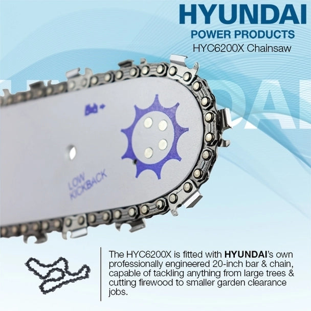 Hyundai 62cc 20” Petrol Chainsaw, 2-Stroke Easy-Start HYC6200X