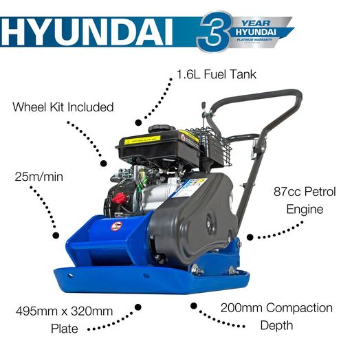 Hyundai 87cc Petrol Plate Compactor/Wacker Plate With Wheel Kit & Paving Pad | HYCP5030