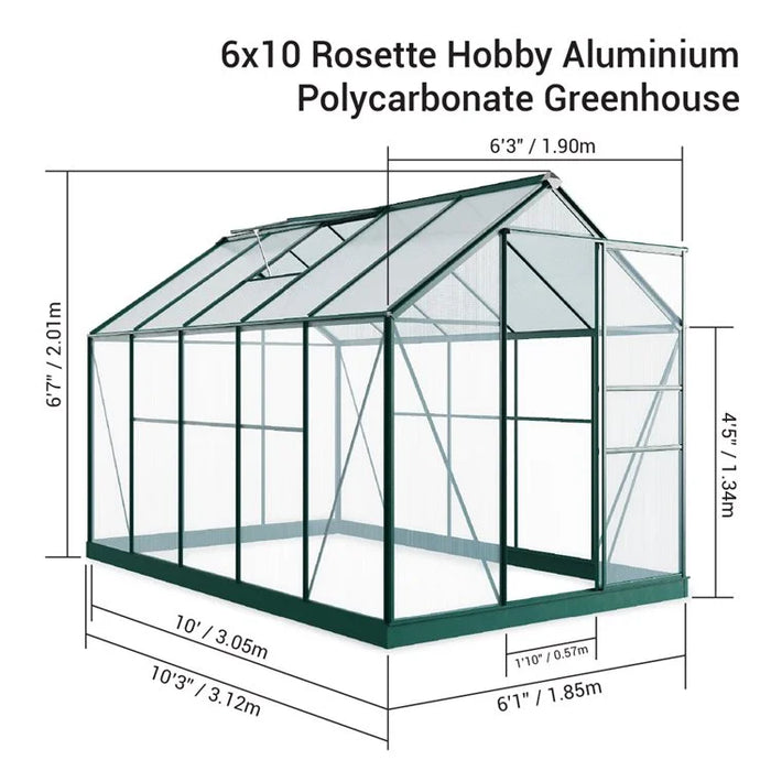 Rosette Hobby Aluminium Polycarbonate Greenhouse - Available In 4 Sizes