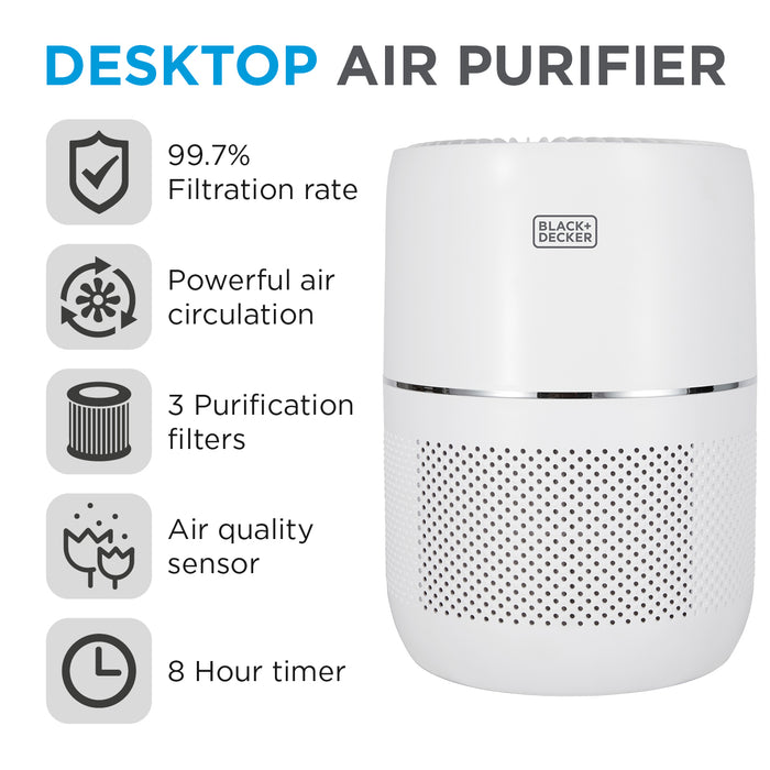 Black & Decker Desktop Air Purifier With Air Quality Sensor & 8 Hour Time - White
