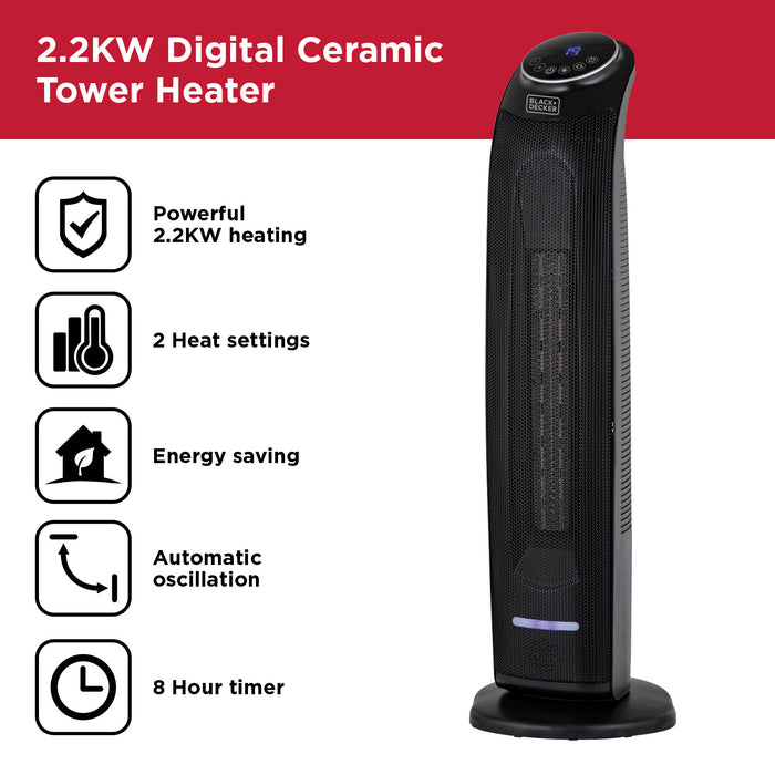 Black & Decker 2.2KW Ceramic Tower Fan Heater - Black