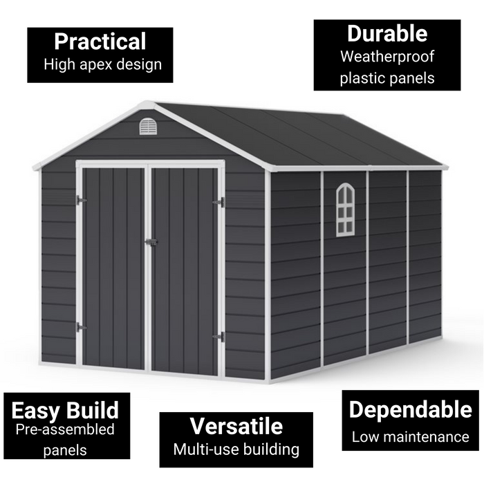 Lotus Sono Apex Plastic Garden Storage Shed Including Foundation Kit Grey - Available In 3 Sizes