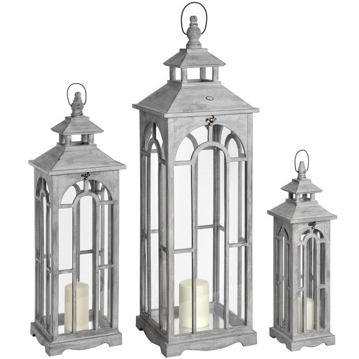 Set Of Three Wooden Lanterns With Archway Design
