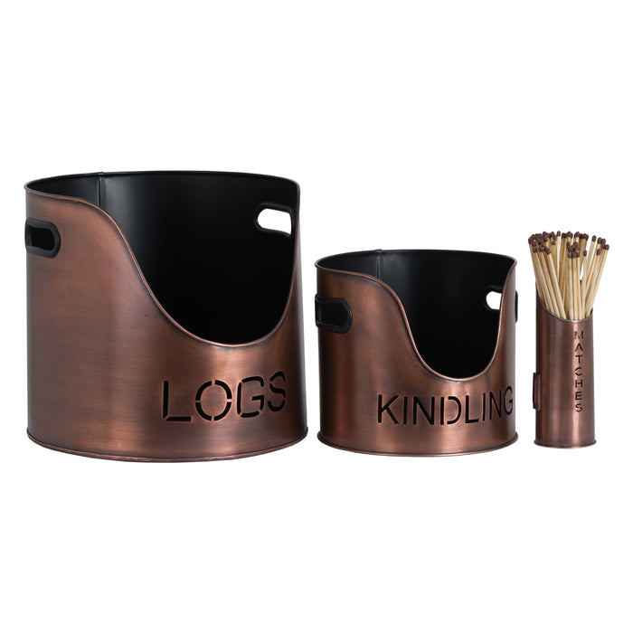 Copper Finish Logs, Kindling Bucket & Matchstick Holder