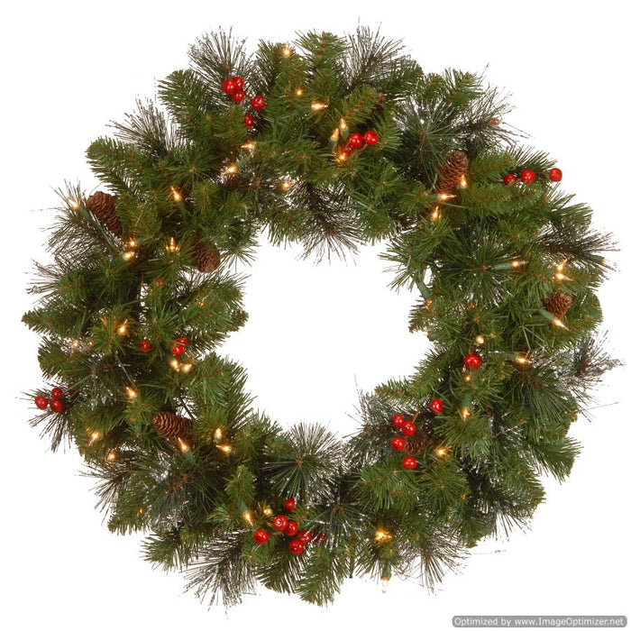 Crestwood Spruce 24" Wreath With Cones, Berries, Glitter & 50 Lights