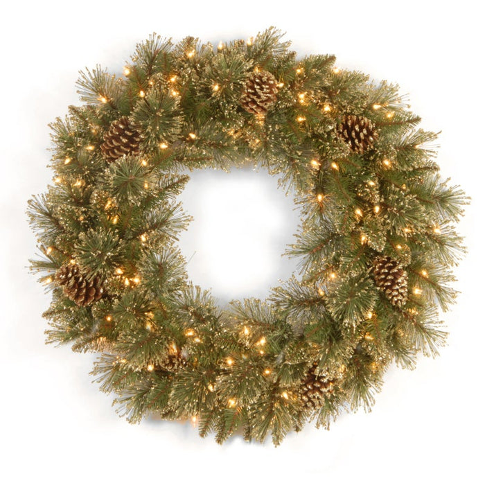 Glittery Gold Pine 24" Wreath With 50 Warm White Lights