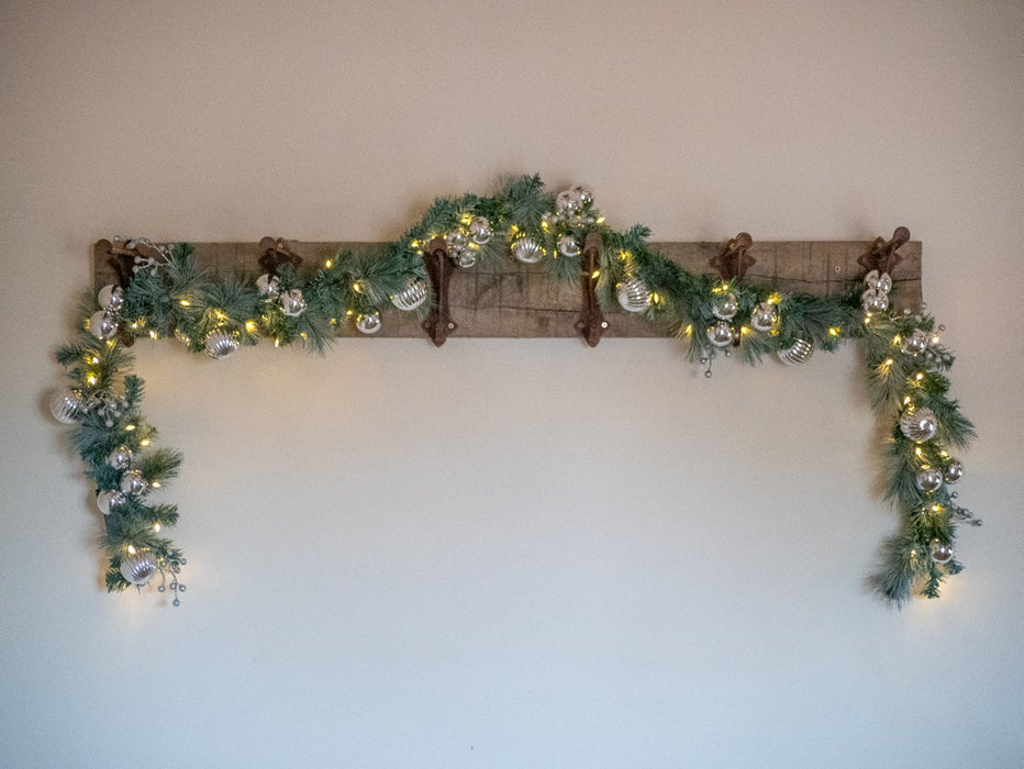 Frosted Silver Pine 9ft x 12" Garland With Berries & 70 Warm White Lights