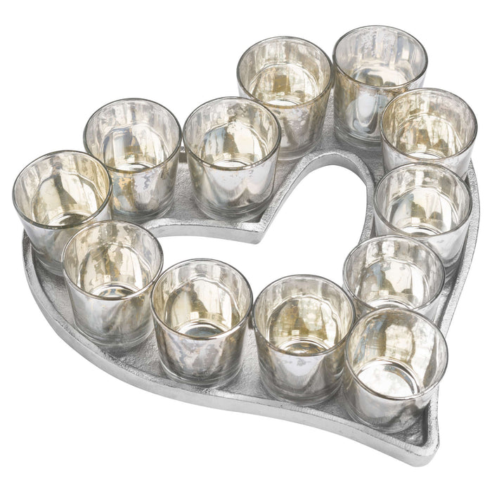 Cast Aluminium Heart Tray With Silver Glass Votives