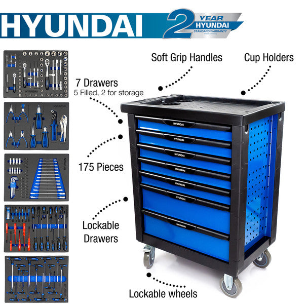 Hyundai 175 Piece 7 Drawer Castor Mounted Roller Tool Chest Cabinet HYTC9006