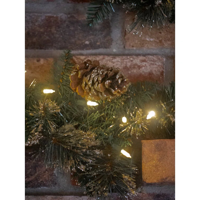 Glittery Gold Pine 9ft x 12" Garland Soft White LED