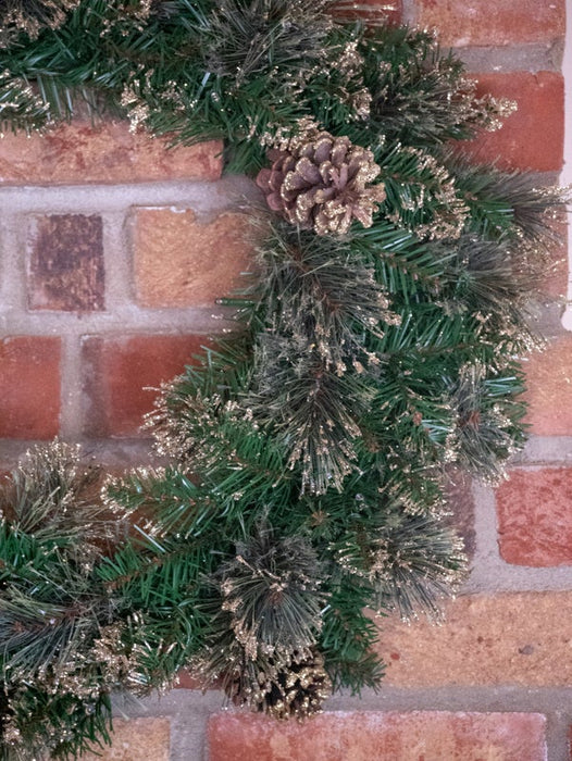 Glittery Gold Pine 24" Wreath With 50 Warm White Lights
