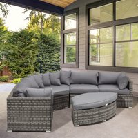 6 PCs Outdoor Rattan Sofa Set Half Round Conversation Set w/ Cushions