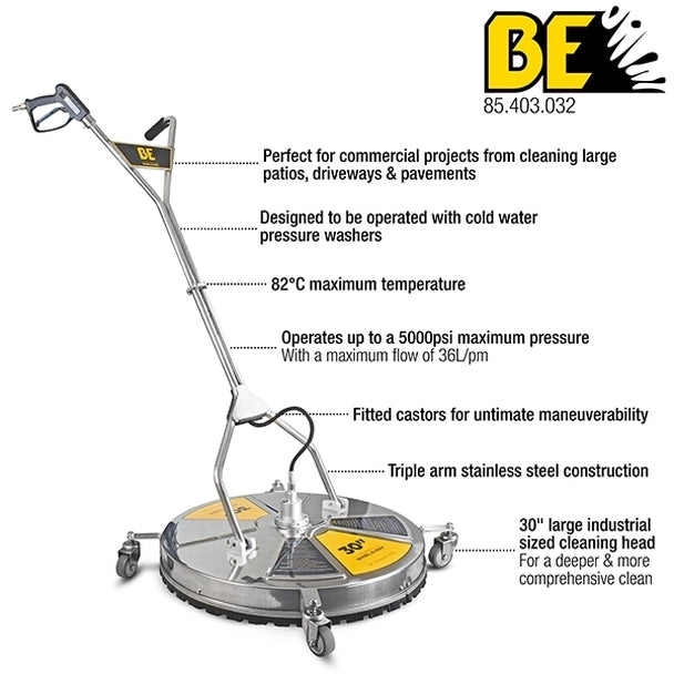 BE Pressure 30" Stainless Steel Whirlaway - 5000PSI Flat Surface Cleaner With Castors