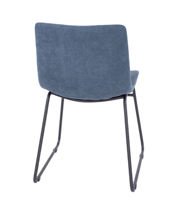 Contemporary blue fabric upholstered dining chairs with black metal legs (pair)