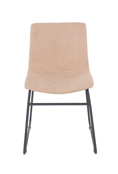 Contemporary sand fabric upholstered dining chairs with black metal legs (pair)