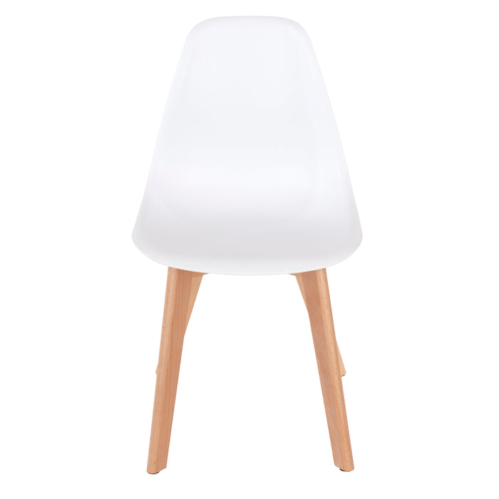 Contemporary white plastic chairs with wood legs (pair)