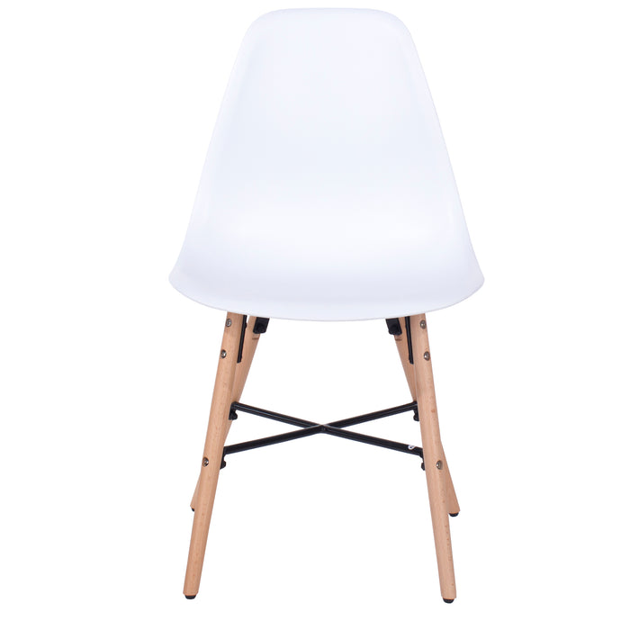 Contemporary white plastic chairs with wood legs & metal cross rails (pair)