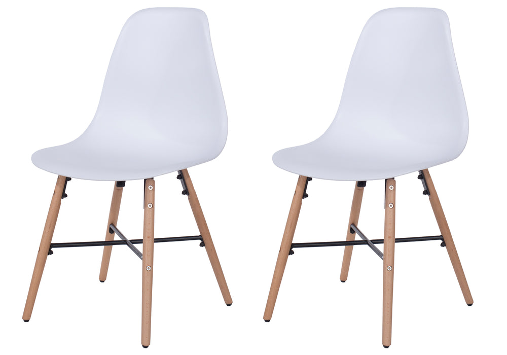 Contemporary white plastic chairs with wood legs & metal cross rails (pair)