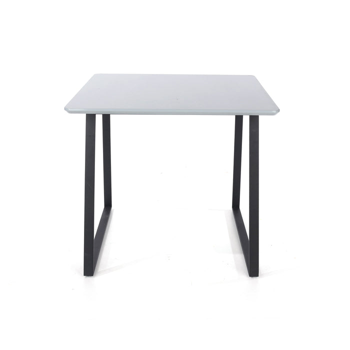 Contemporary square table with black metal legs, high gloss grey