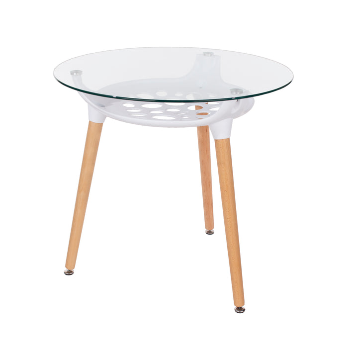 Contemporary round clear glass top table with white plastic underframe & wooden legs
