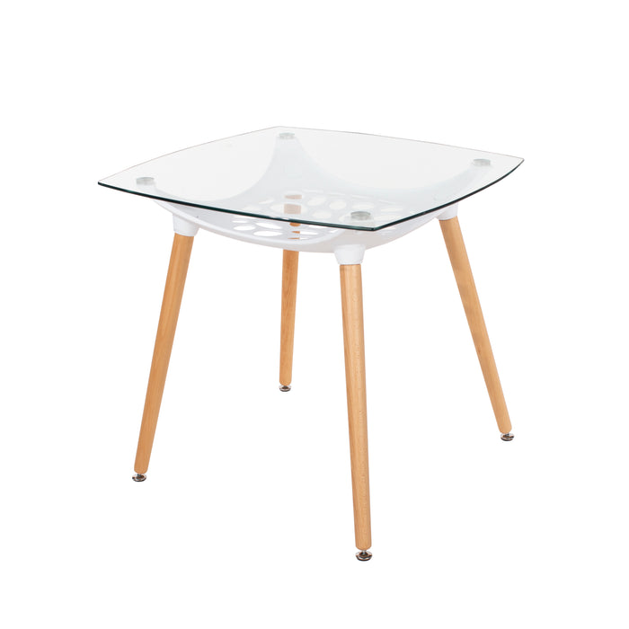 Contemporary square clear glass top table with white plastic underframe & wooden legs