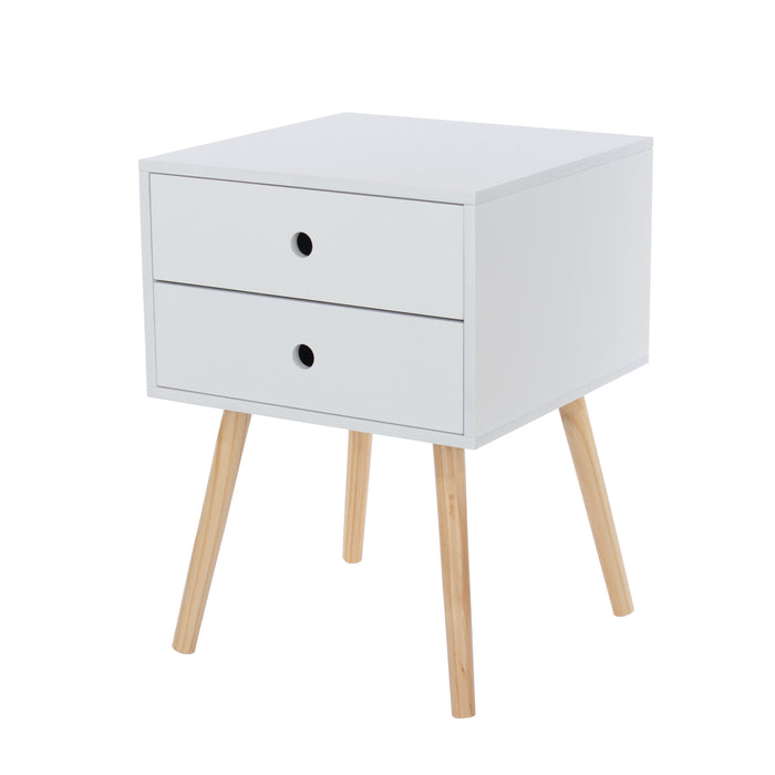 Painted scandia, 2 drawer & wood legs bedside cabinet
