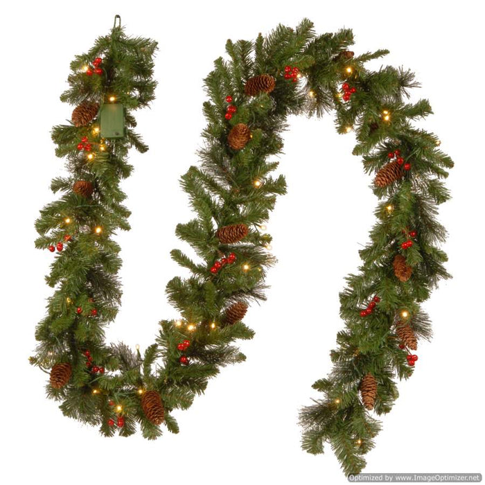 Crestwood Spruce 9ft x 10" Garland With Cones, Berries, Glitter & 50 Lights