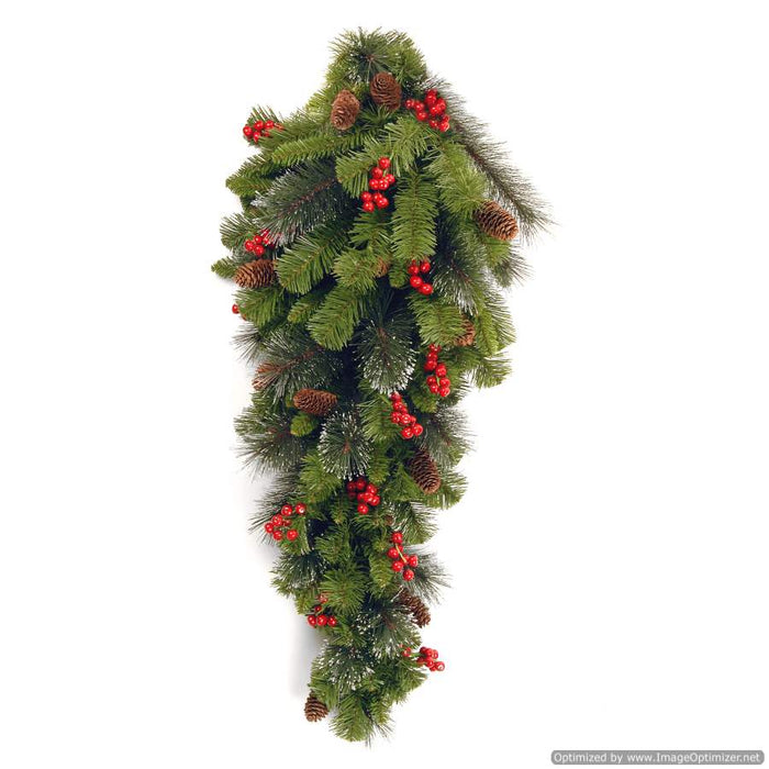 Crestwood Spruce 28" Teardrop With Cones, Berries & Glitter