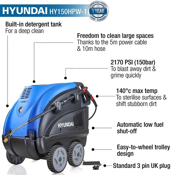 Hyundai 2170PSI Hot Pressure Washer, 140°c, 2.8kW HY150HPW-1