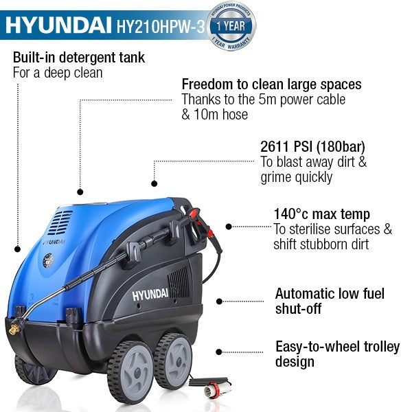 Hyundai 2600psi Hot Pressure Washer, 140 °C, 6.3kW | HY210HPW-3