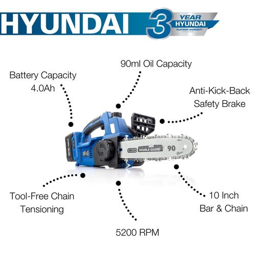 Hyundai Cordless 4Ah Chainsaw, 20v lithium ion, brushless, li-ion | HY2190