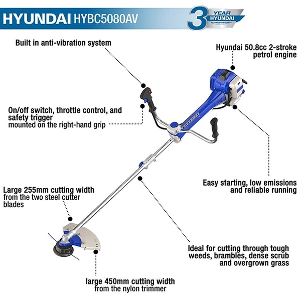 Hyundai 50.8cc Anti-Vibration Grass Trimmer / Bushcutter HYBC5080AV