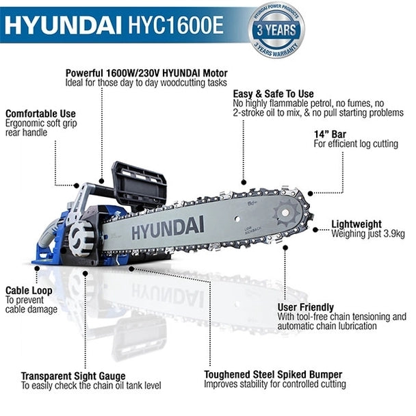 Hyundai 1600W / 230V, 14" Bar Electric Chainsaw HYC1600E
