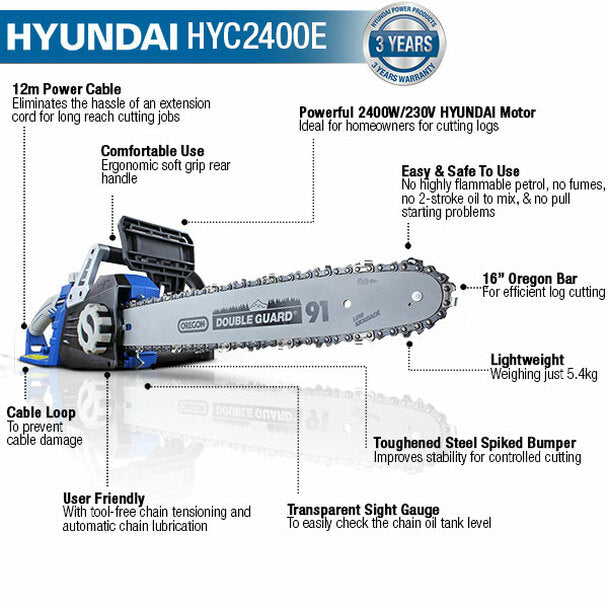 Hyundai 2400W / 230V 16" Bar Electric Chainsaw HYC2400E
