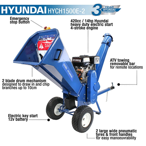 Hyundai 420cc Petrol 4-Stroke Wood Chipper/Shredder/Mulcher HYCH1500E-2