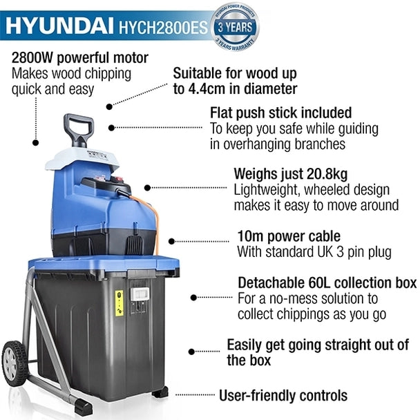 Hyundai Quiet Electric Garden Shredder, 2800w, 2.8kW, 230v HYCH2800ES
