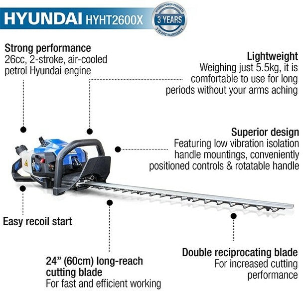 Petrol Hedge Trimmer/Pruner, 26cc 2-stroke Easy-Start, Lightweight and Anti-Vibration, 24” (60cm) Blade by Hyundai HYHT2600X