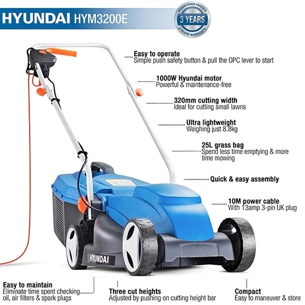 Hyundai 32cm Corded Electric 1000w/240v Lawnmower HYM3200E