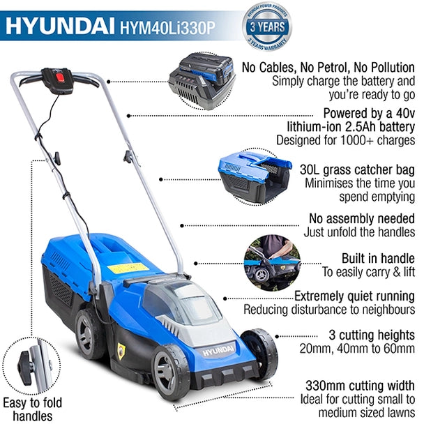 Hyundai 40V Lithium-Ion Cordless Battery Powered Roller Lawn Mower 33cm Cutting Width With Battery and Charger HYM40LI330P