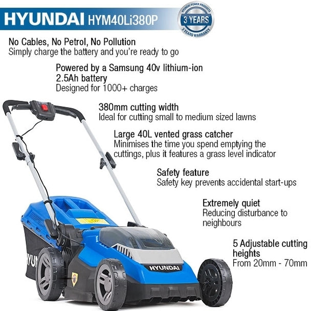 Hyundai 38cm Cordless 40v Lithium-Ion Battery Roller Lawnmower with Battery and Charger HYM40LI380P