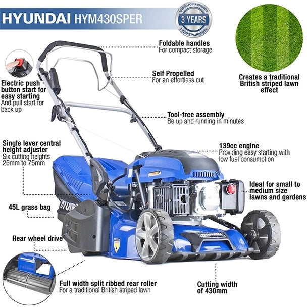 Hyundai 17"/43cm 139cc Electric-Start Self-Propelled Petrol Roller Lawnmower HYM430SPER