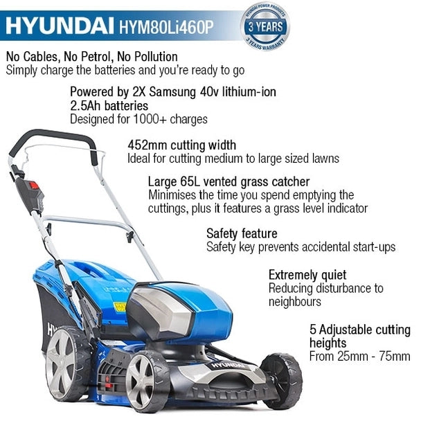Hyundai 80V Lithium-Ion Cordless Battery Powered Lawn Mower 45cm Cutting Width With Battery and Charger HYM80LI460P