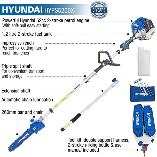 Hyundai 52cc Long Reach Petrol Pole Saw/Pruner/Chainsaw HYPS5200X