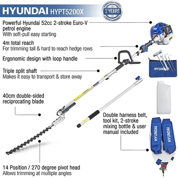 Hyundai 52cc Long Reach Petrol Pole Hedge Trimmer/Pruner HYPT5200X
