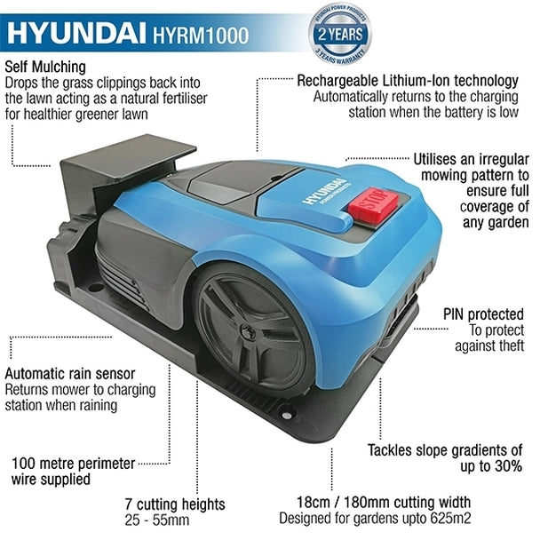 Hyundai Robot Lawn Mower 625sq Metre, Smart Mowing Functionality HYRM1000